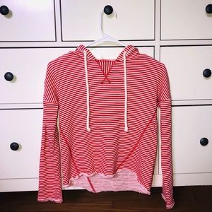 Red and white striped hooded shirt